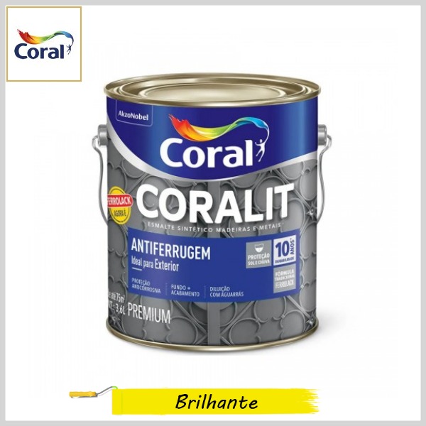 Esmalte Sintético Coralit Antiferrugem Premium Brilhante, Galão 3.6lt